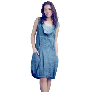 amanti Linen Dress blue Lagenlook Artsy Minimal Cowl Pockets Italy